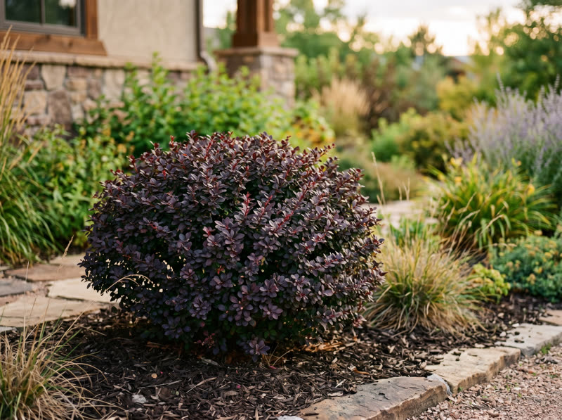 Concorde barberry shrub with deep burgundy-purple foliage in a stone-edged bed