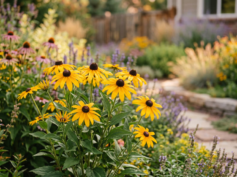Golden-yellow black-eyed Susan flowers with dark chocolate centers