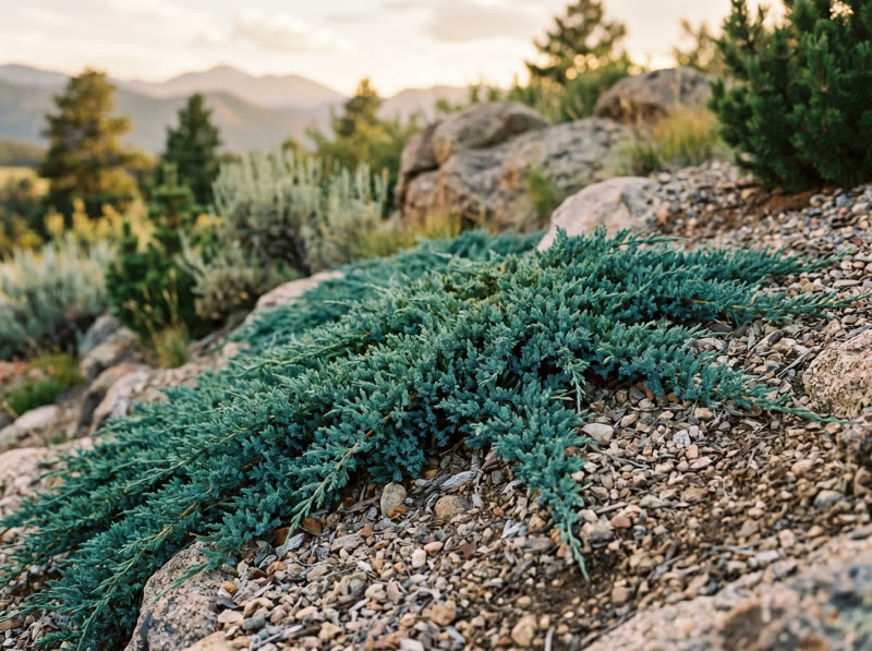 Blue-green creeping juniper spreading over rocks on a Colorado slope