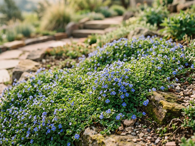 Creeping veronica forming a mat of cobalt-blue flowers on a stone slope