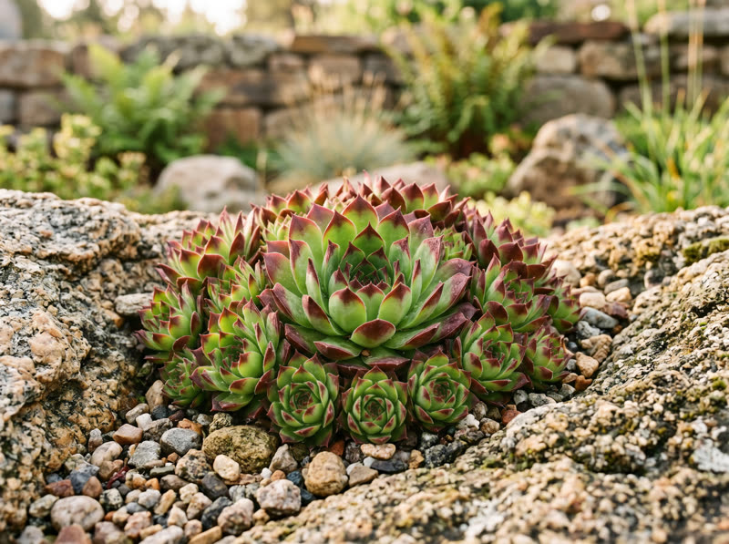 Rosettes of green-and-burgundy hens and chicks succulents nestled among rocks