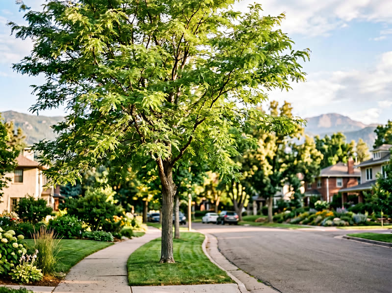 Skyline honeylocust street tree with feathery green leaves and Pikes Peak in the distance