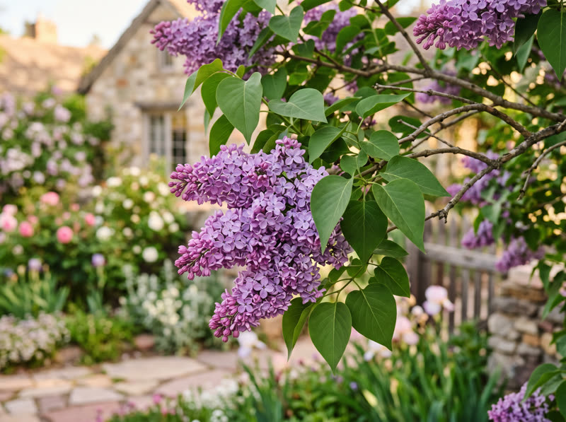 Common lilac in full purple bloom beside a stone cottage path