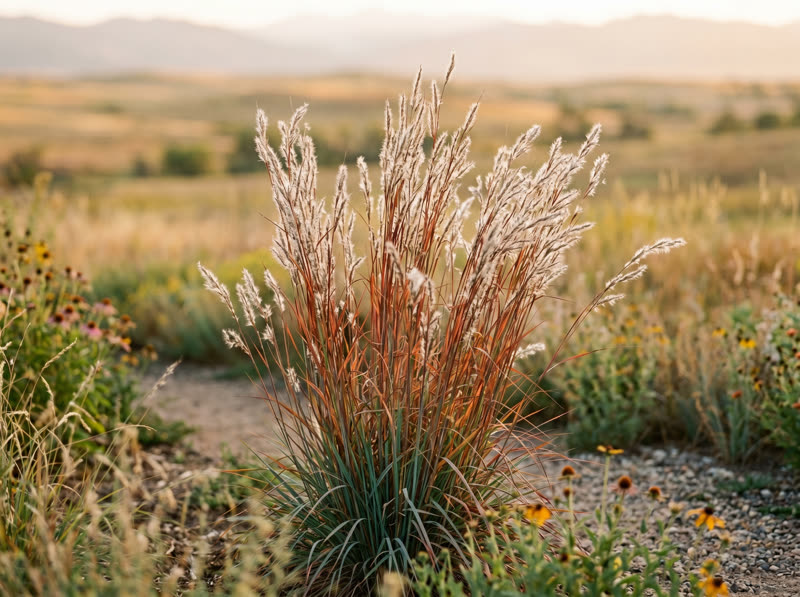 Clump of little bluestem grass with coppery-red stems and silvery seed heads