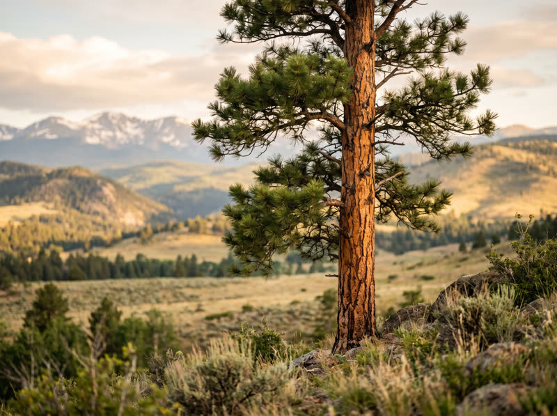 Mature ponderosa pine with cinnamon bark against Colorado foothills at golden hour