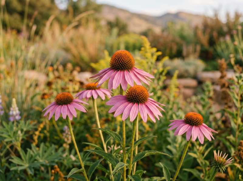 Purple coneflowers blooming with pink-purple petals and orange-brown centers