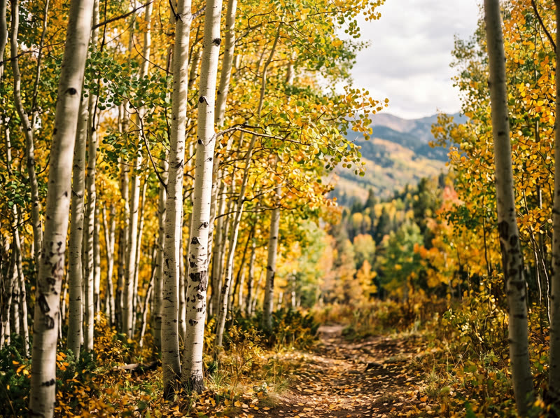 Quaking aspen grove with white trunks and golden autumn foliage along a trail