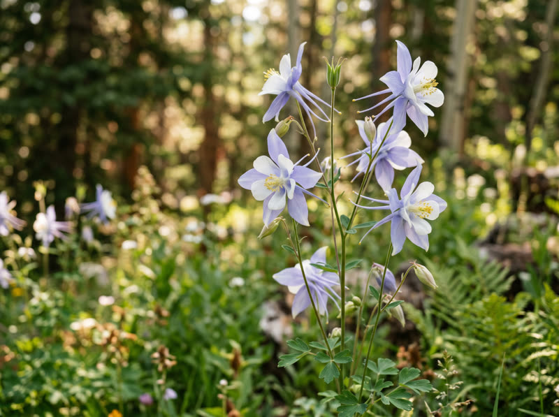 Blue and white Rocky Mountain columbine flowers in dappled light
