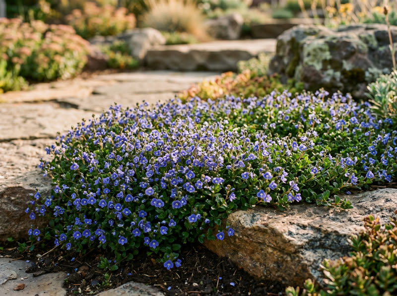 Turkish speedwell carpet of small deep blue flowers in a rock garden
