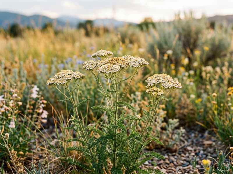 Ferny yarrow foliage with flat clusters of white and gold flowers